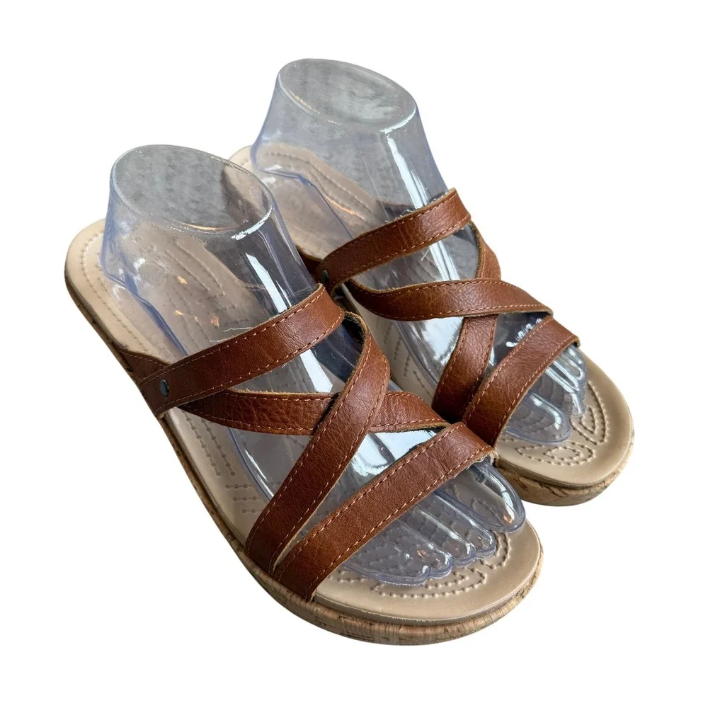 Crocs A-Leigh Cork Wedge Sandals Brown Leather Strap Slip On Slide Women's Sz 10